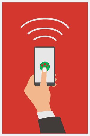Mobile payment, Businessman hand pushing a virtual button "Pay" on your phone.のイラスト素材