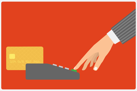 Flat design style illustration. Hand holding a credit card spends in the payment terminalのイラスト素材