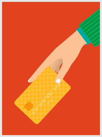 Hand holding credit card. Flat design style illustration. Isolated on red backgroundのイラスト素材