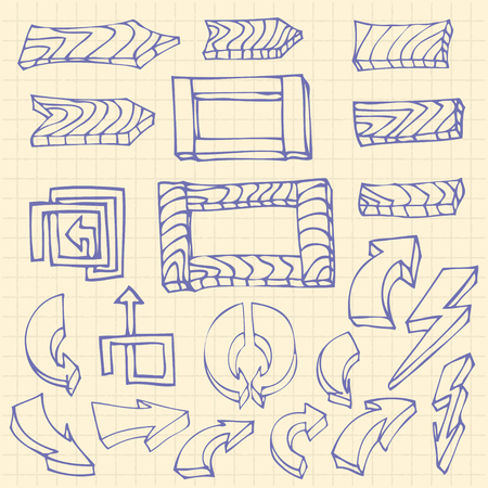 Hand drawn arrows and wooden Board, Frame on squared notebook page background icons set of doodle vector illustrationのイラスト素材