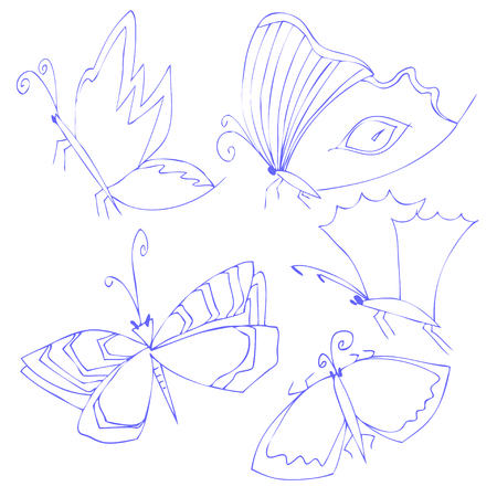 Set of butterflies, decorative hand - drawn butterflies for design on white backgroundのイラスト素材