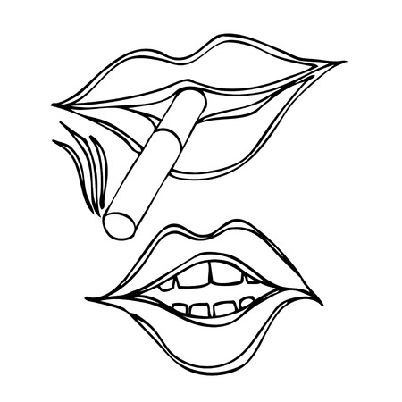 Drawing sketches of female lips. Isolated on whiteのイラスト素材