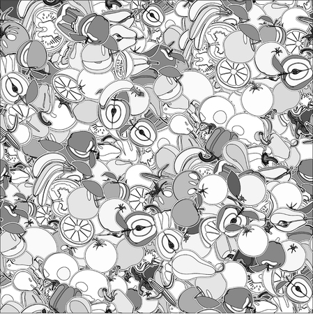 Seamless pattern with set of fruits and vegetation. Seamless texture. Doodle, cartoon drawing. Vector illustrationのイラスト素材