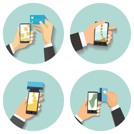 Flat design style vector illustration. Smartphone with processing of mobile payments. Communication technology concept. Isolated on green backgroundのイラスト素材