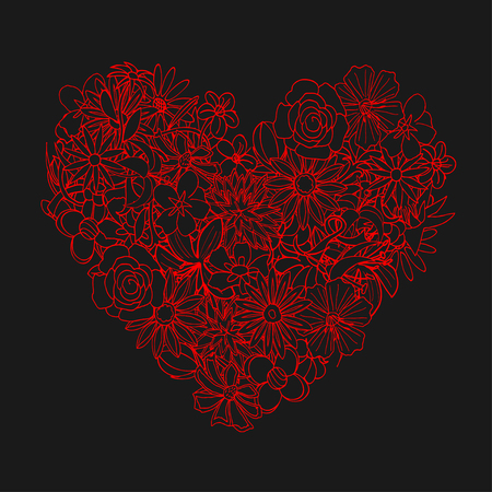 Heart shape is made of hand drawn beautiful flowers, isolated on white background.のイラスト素材