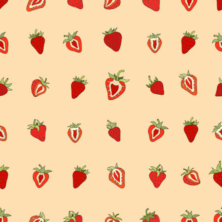 Seamless pattern Set red strawberries on a white background. Hand drawn sketch. vectorのイラスト素材