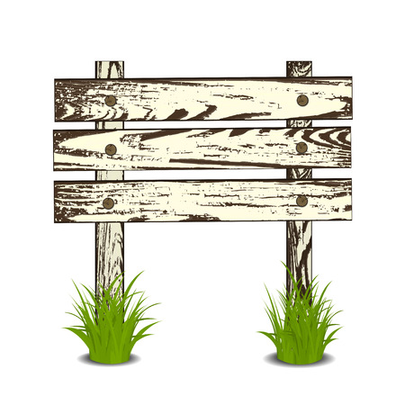 Wooden sign on grass. Vector illustration. Isolated on whiteのイラスト素材