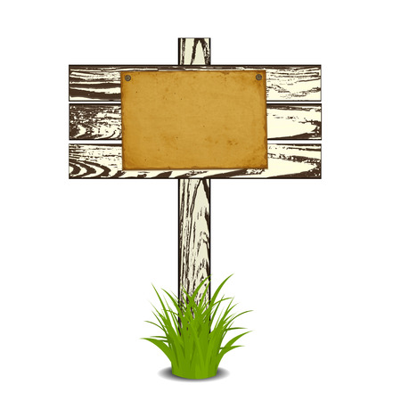 Wooden signpost with nailed paper sheet, grass and stones. There is space for your text. Vector illustration.のイラスト素材