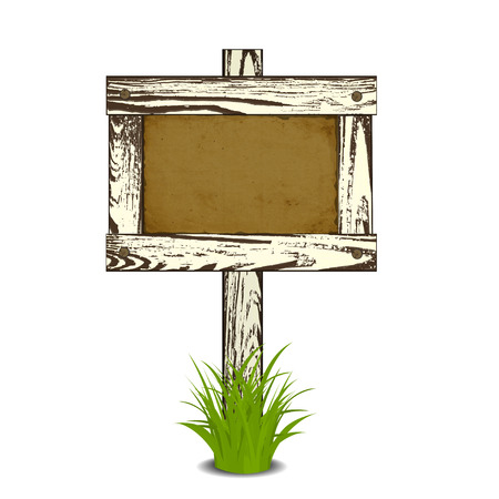 Wooden signpost with nailed paper sheet, grass and stones. There is space for your text. Vector illustration.のイラスト素材