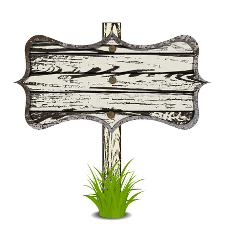 Wooden sign on grass. Vector illustration. Isolated on whiteのイラスト素材