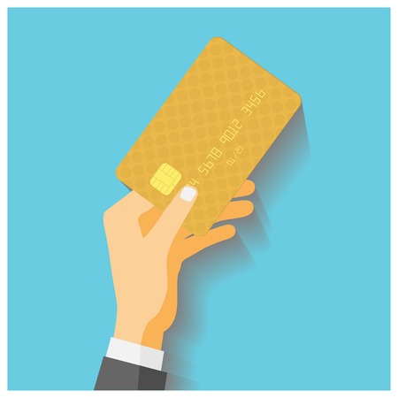 Flat design style illustration. Hand hold credit card to pay. Vector illustration, isolated on blueのイラスト素材