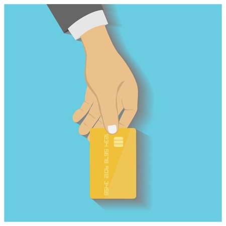 Flat design style illustration. Hand hold credit card to pay. Vector illustration, isolated on blueのイラスト素材