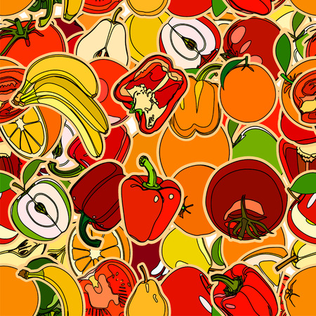 Seamless pattern with set of fruits and vegetation. Seamless texture. Doodle, cartoon drawing. Illustrationの写真素材