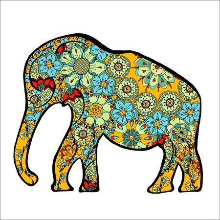 The cheerful elephant. The silhouette of the elephant collected from various elements of a flower ornament.のイラスト素材