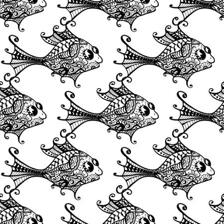 Seamless fish background. Black and white. Vector illustrationのイラスト素材
