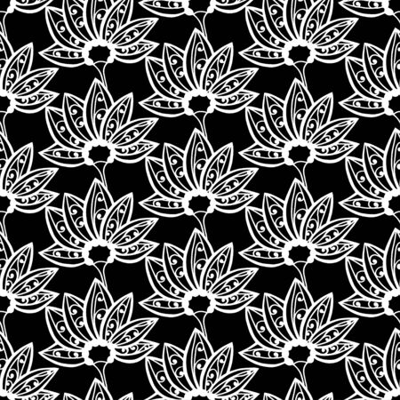 Seamless Monochrome Floral Pattern. Hand Drawn Floral Texture, Decorative Flowersのイラスト素材