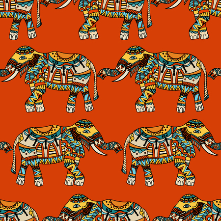 seamless texture with stylized patterned elephants in Indian style. Vector backgroundのイラスト素材