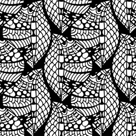 Seamless floral doodle background pattern in vector. Design asian, ethnic, tribal pattern. Black and white background. Coloring book. zentangleのイラスト素材
