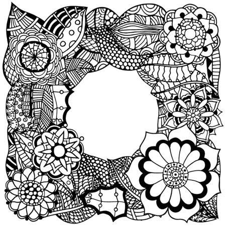 Ethnic floral design, doodle background pattern in vector. Henna paisley mehndi doodles design tribal design element. Black and white pattern for coloring book for adults and kids.のイラスト素材