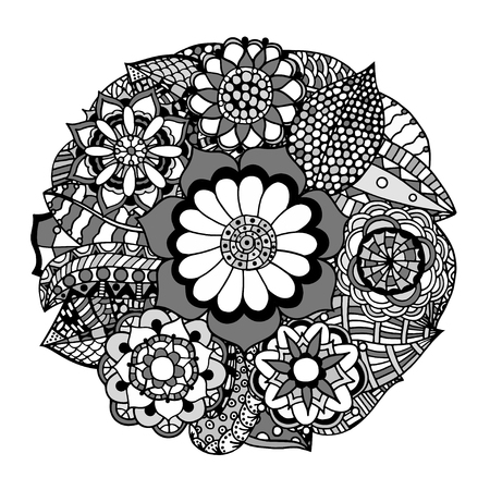 Black and white circle flower ornament, ornamental round lace design. Floral mandala. Hand drawn ink pattern made by trace from personal sketch.のイラスト素材