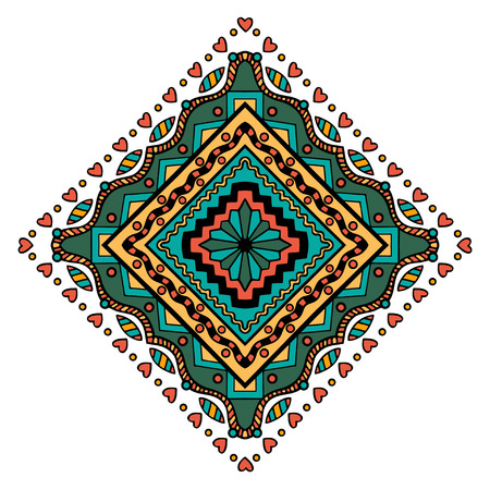 Mandala Square ornament, tribal ethnic pattern, arabic Indian motif, isolated decorative element for card design, t-shirt print. Vector fashion illustration, hand drawn backgroundのイラスト素材