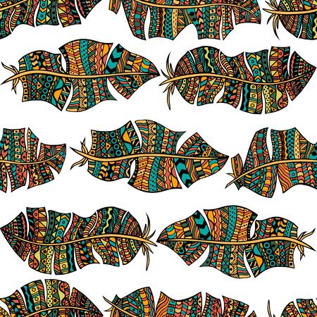 Hand drawn abstract doodle feathers seamless pattern. Vector zentangle illustration for your design. Good for notebook cover, textile, wrapping paper, background.のイラスト素材