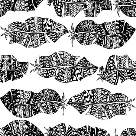 Seamless pattern with hand drawn feathers. Vector background.のイラスト素材