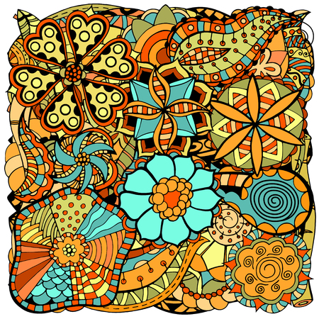Ethnic colored floral, doodle background pattern circle in vector. Henna paisley mehndi doodles design tribal design element.のイラスト素材