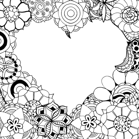 Monochrome Frame from abstract flowers in the shape of heart. Doodle background. Vector illustrationのイラスト素材