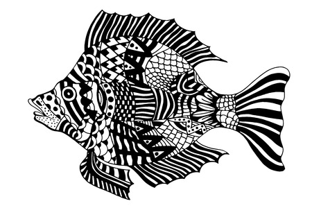 Monochrome Zentangle stylized Fish. Hand Drawn doodle vector illustration isolated on white background. Sketch for tattoo or makhenda. Sea food collection.のイラスト素材