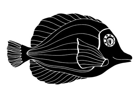 Monochrome stylized Fish. Hand Drawn doodle vector illustration isolated on white background. Sketch for tattoo or makhenda. Sea food collection.のイラスト素材