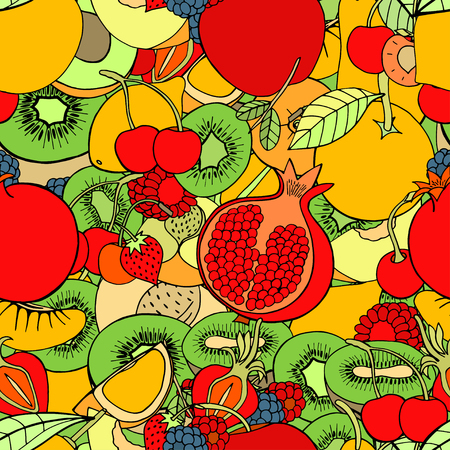 Seamless pattern with set of sweet fruits and berries. Apples, kiwi, cherry. Food, fruit. Seamless texture. Doodle, cartoon drawing. Vector illustrationのイラスト素材