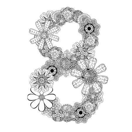 Monochrome number eight of hand drawn flowers. Floral numerals. Vector illustration, isolated on whiteのイラスト素材