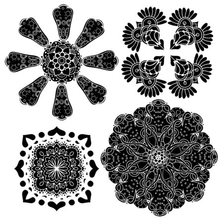 Geometric circular ornament set. Abstract black symbols. Lace mandalas. Vector illustrationのイラスト素材