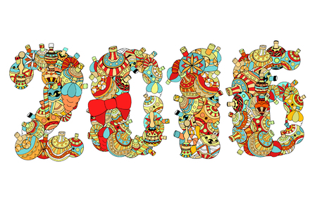 Numbers 2016 of the New Year of Christmas toys and bells. doodling. Merry Christmas And Happy New Year.のイラスト素材