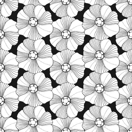 Vector Seamless Monochrome Floral Pattern. Hand Drawn Floral Texture, Decorative Flowers, Coloring Bookのイラスト素材