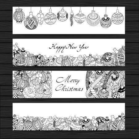 Monochrome Cards with Christmas toys on wooden backgroundのイラスト素材