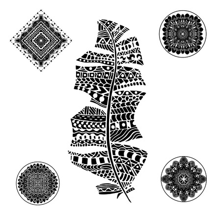 Feather and mandalas on a white background. Vintage, tribal, artistically drawn, zentangle, stylized feather. Sketch by trace. Pattern for coloring book.のイラスト素材