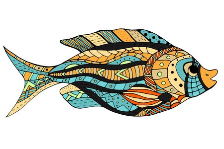 Zentangle stylized Fish. Hand Drawn doodle vector illustration isolated on white background. Sketch for tattoo or makhenda. Sea food collection.のイラスト素材