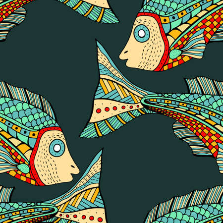 Seamless Zentangle fish background. Vector illustration imageのイラスト素材