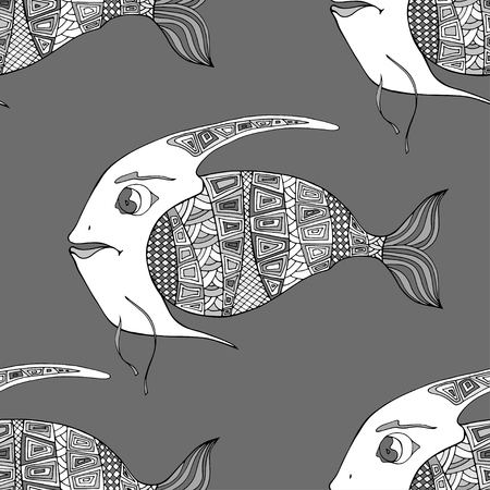 Gray and white Seamless Zentangle fish background. Vector illustration imageのイラスト素材
