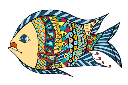   stylized Fish. Hand Drawn doodle vector illustration isolated on white background. Sketch for tattoo or makhenda. Sea food collection.のイラスト素材