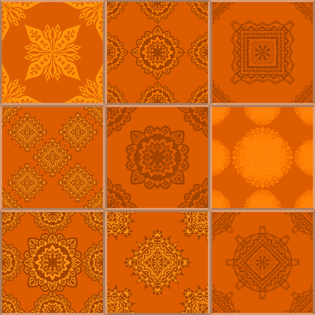Indigo orange Tiles Floor Ornament Collection. Gorgeous Seamless Patchwork Pattern from Traditional Painted Tin Glazed Ceramic Tilework Vintage Illustration. For web page template backgroundのイラスト素材