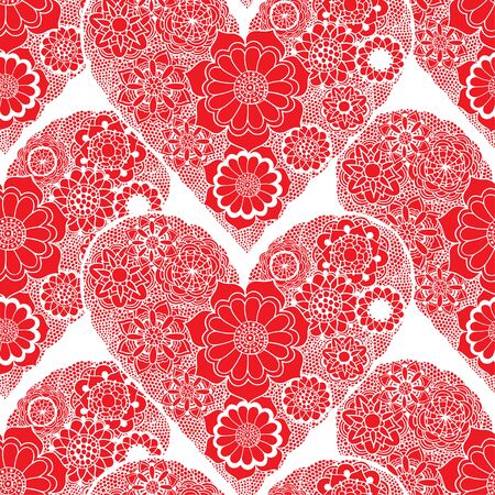 Seamless red Sketchy Doodle Heart Swirls Vector Illustration backgroundのイラスト素材