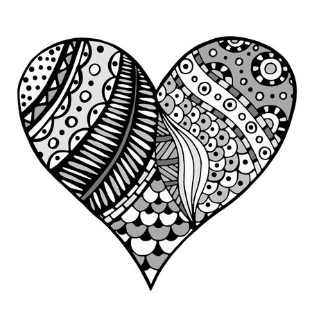 Hand drawn gray hearts in zentangle style. Pattern for coloring book. Coloring page for adult anti stress. Made by trace from sketch. Valentine's day background.のイラスト素材