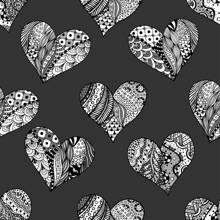 Hand drawn ornamental heart with love in doodle, zentangle tribal style, seamless pattern for adult coloring pages, card for St. Valentine's day. Vector decoration elements for postcard design.のイラスト素材