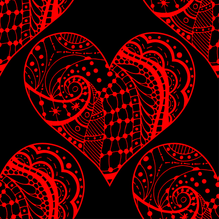 Red on black Hand drawn seamless pattern with Hearts. Use for cards, invitation, wallpapers, pattern fills, web pages elements and etc.のイラスト素材