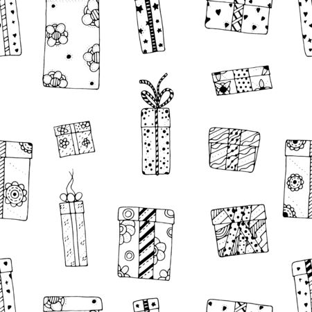 Seamless texture with  hand drawn gift boxes with bows and ribbons.  Sketch illustration on white background.のイラスト素材