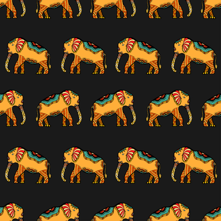 stylized Indian Elephant. Hand Drawn vector illustration isolated on white background. Makhenda Bollywood seamless pattern.のイラスト素材