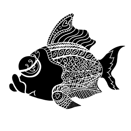 Monochrome  stylized Fish. Hand Drawn doodle vector illustration isolated on white background. Sketch for tattoo or makhenda. Sea food collection.のイラスト素材